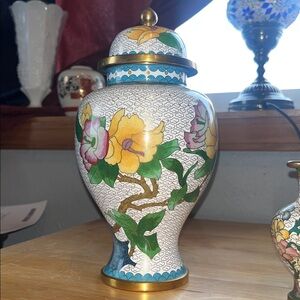Floral Cloisonné brass enamel ginger jar urn with lid +small vase pair
